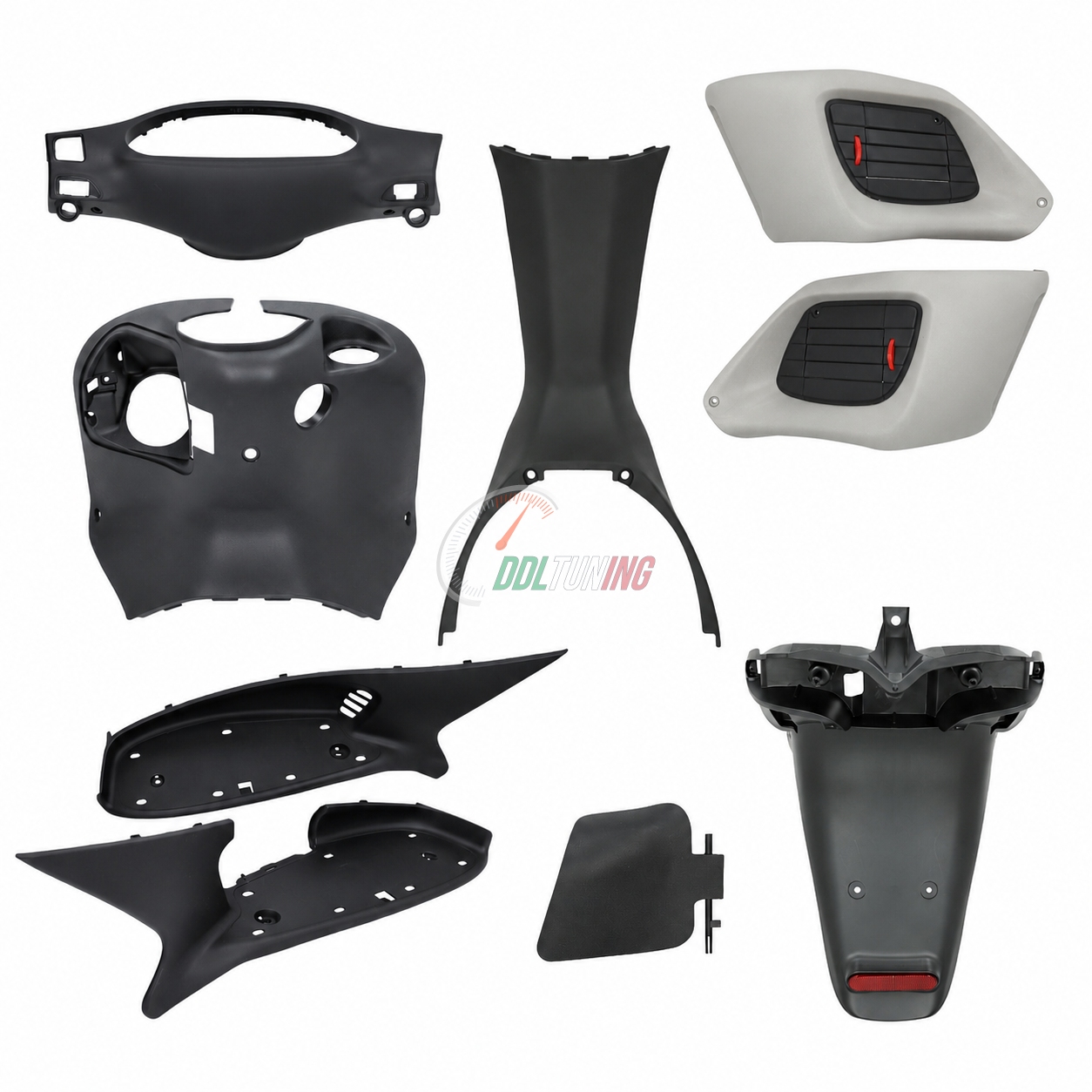 PLAATWERKSET BINNENZIJDE GILERA RUNNER 50/ RUNNER 125-180CC ZWART/ GRIJS 9-DELIG